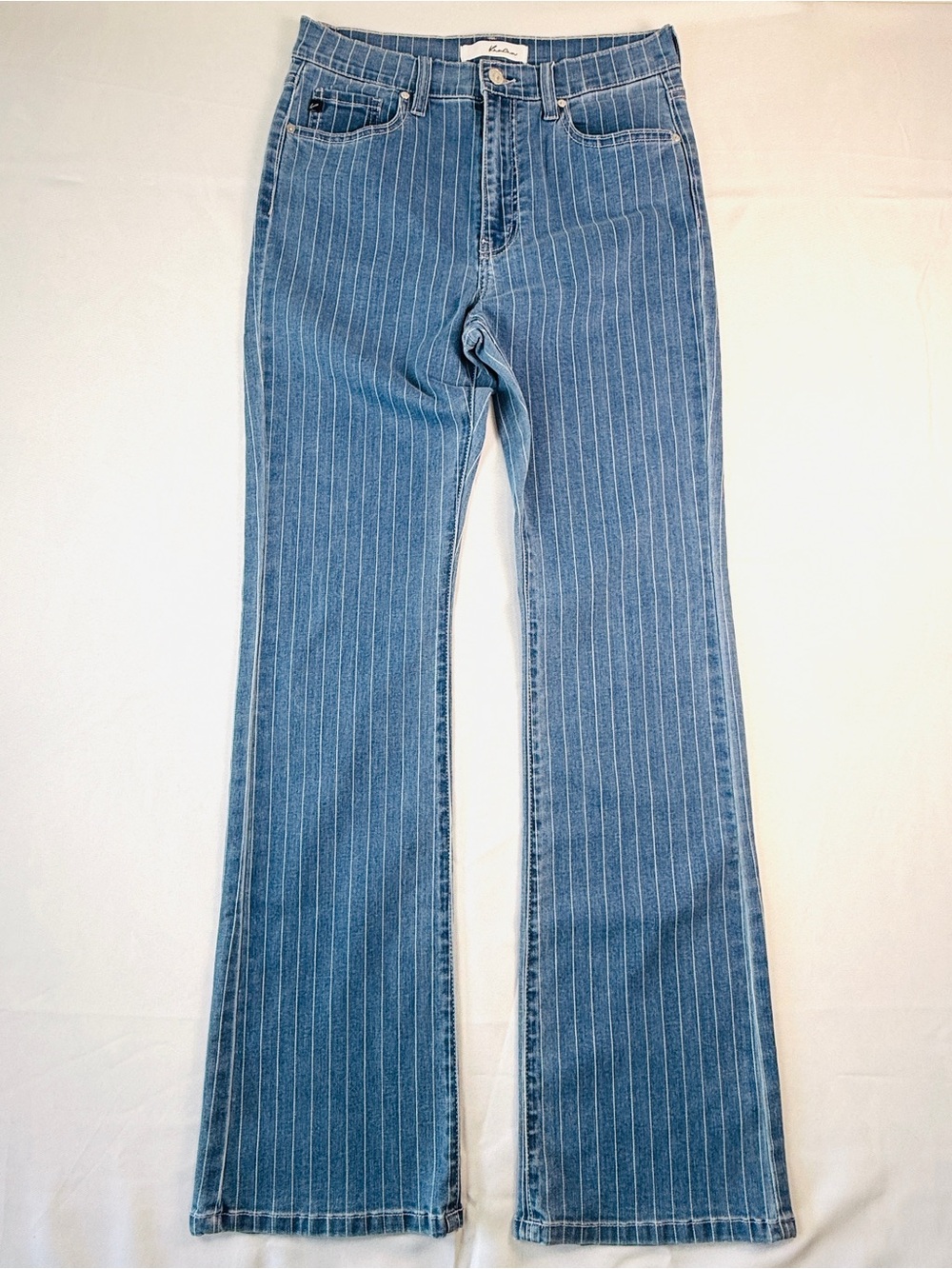 KanCan Pinstripe Flare Jeans Size 9/28 High Rise Blue Denim Bell Bottoms - Picture 2 of 10